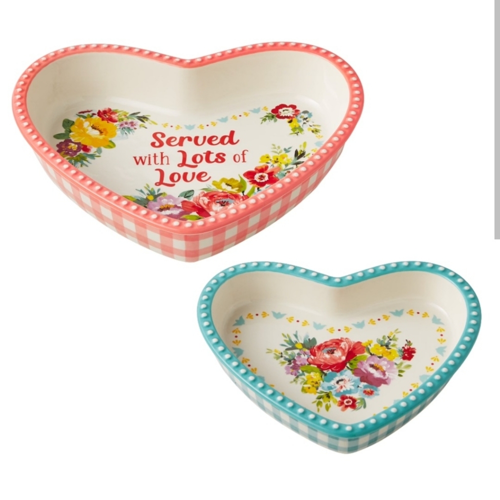 THE PIONEER WOMAN 2-Piece Heart Shaped Ceramic Dish Set – Floral Gingham